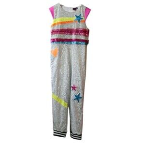 JoJo Siwa Silver Sequin Jumpsuit with Pink and Blue Accents